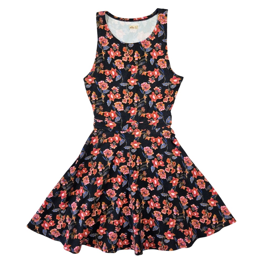 Hollister Womens Black Floral Skater Dress Cutout Back Sleeveless M Boho Beach